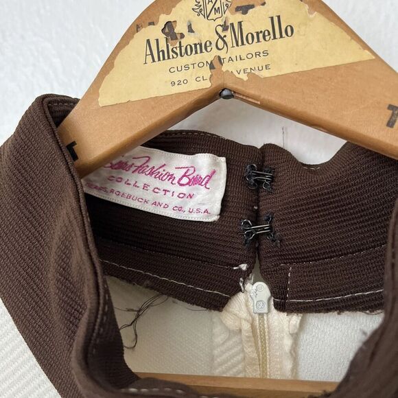 Vintage 60s Sears Fashion Board cream brown mod ribbed dress groovy XS/S - Picture 3 of 5